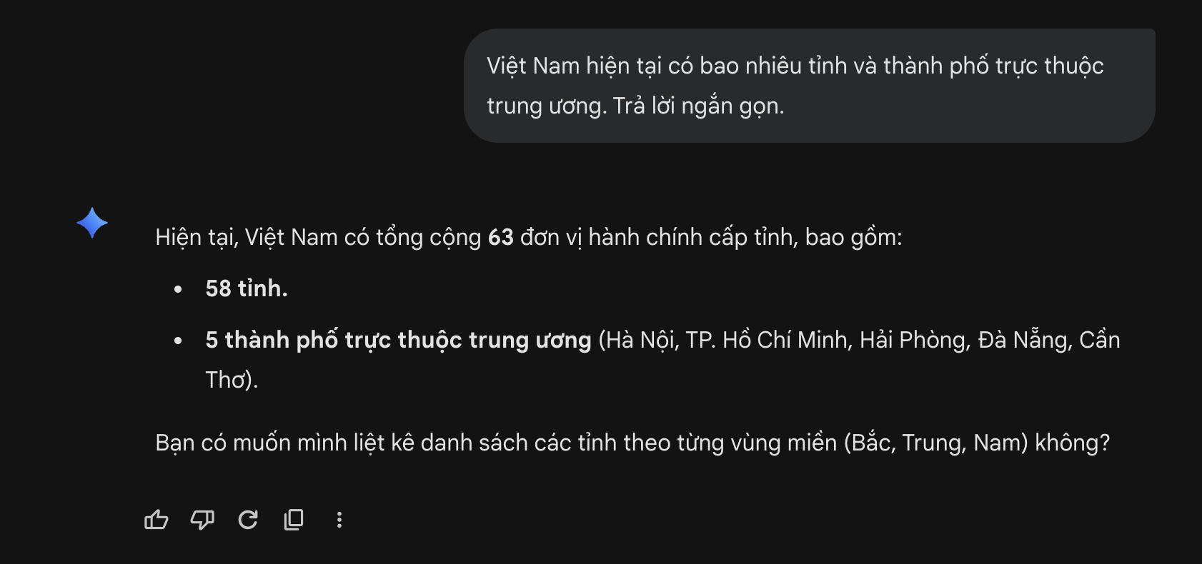 Gemini trả lời sai số tỉnh thành Việt Nam