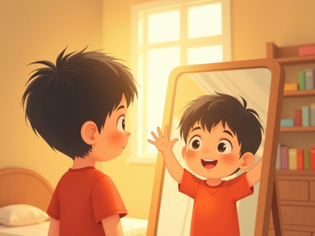 AI-drawn boy looking in mirror with unrealistic error