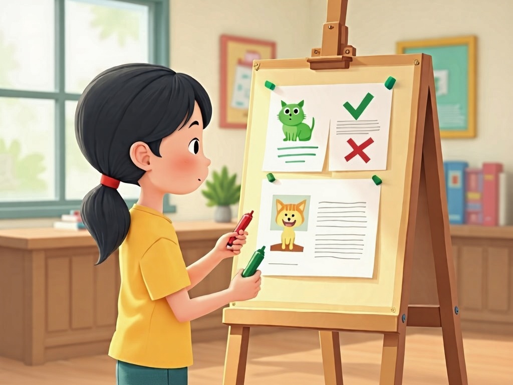 Bé gái đánh giá các kết quả AI trên bảng đứng – đánh dấu tích xanh hoặc X đỏ