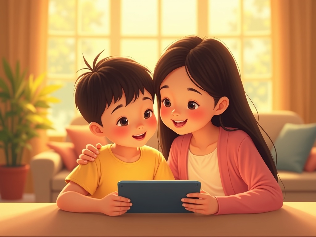 Em dùng tablet cùng mẹ