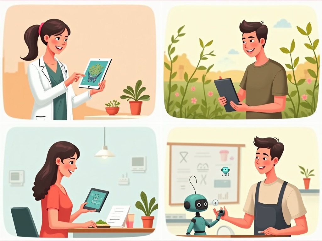 Bốn nghề nghiệp sử dụng AI: bác sĩ, nông dân, nhân viên văn phòng, đầu bếp với robot