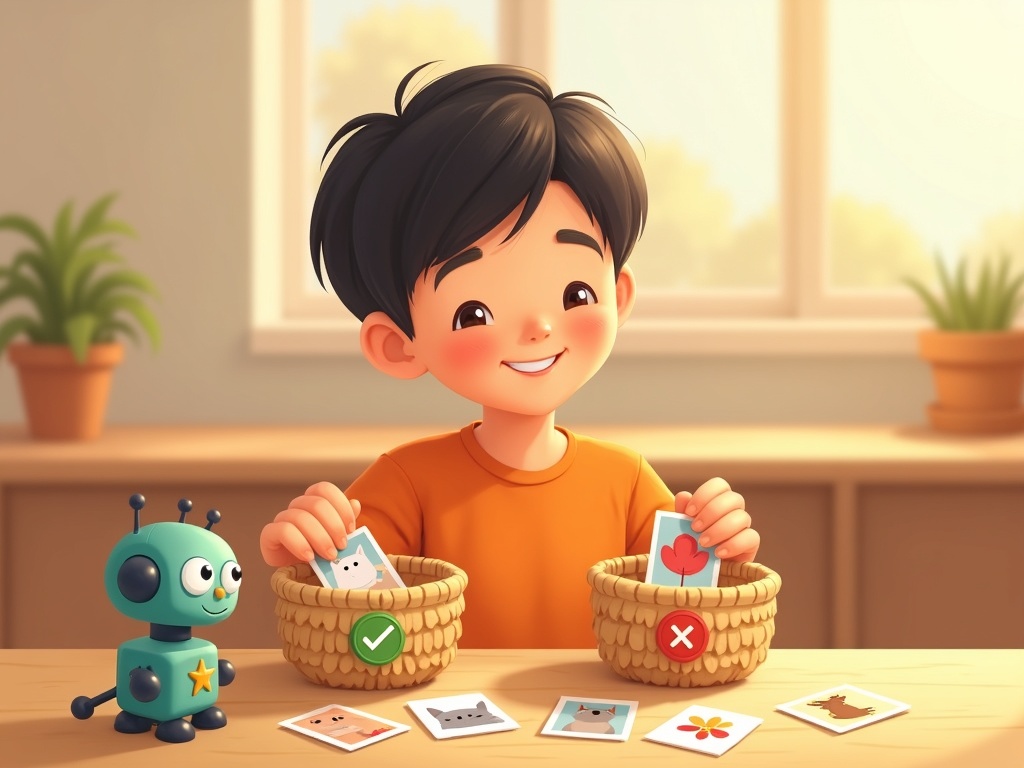 Bạn nhỏ phân loại thẻ dữ liệu tốt và xấu vào hai giỏ, robot AI đứng bên cạnh