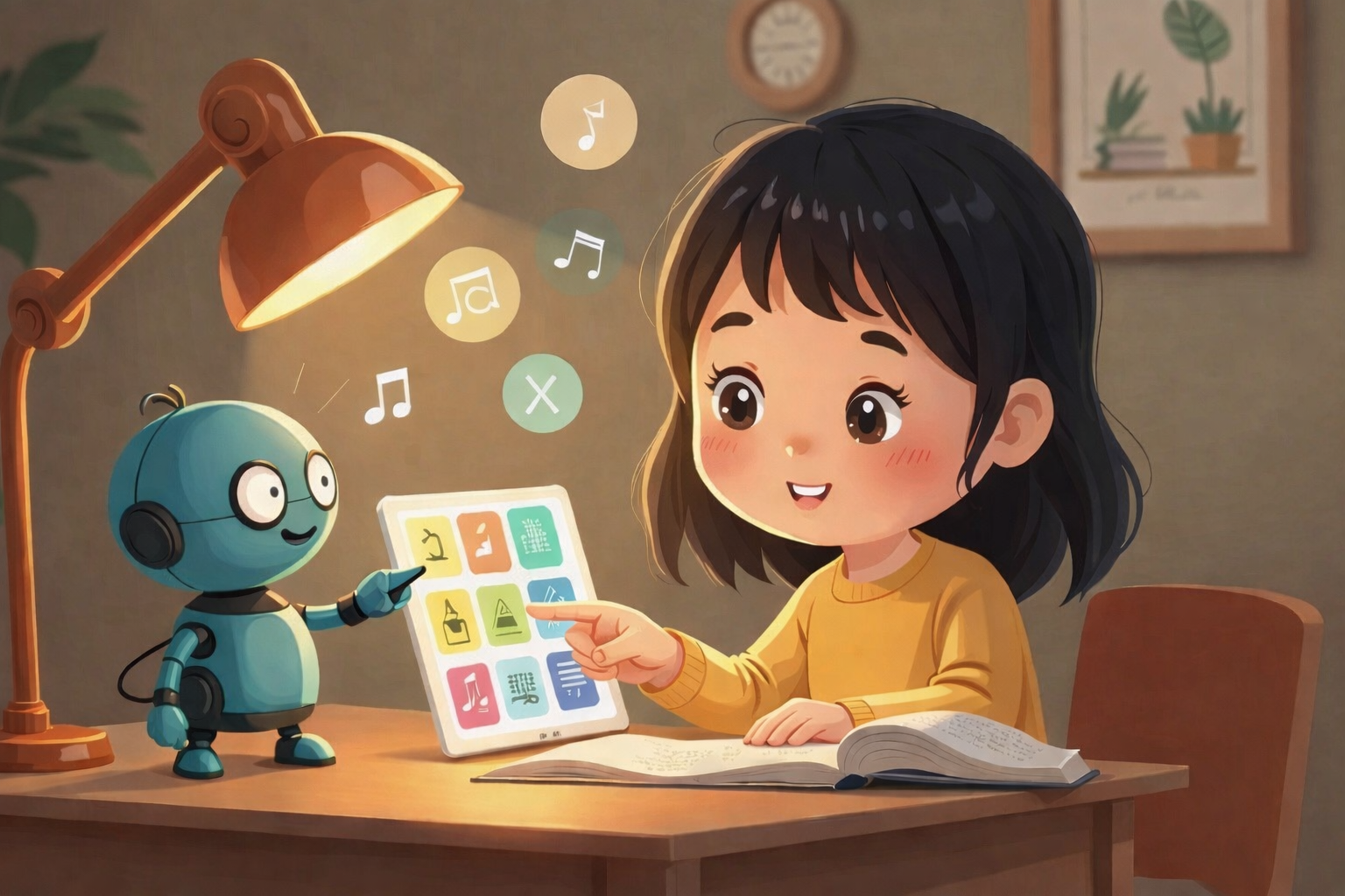 Bạn nhỏ dùng tablet học cùng robot AI trên bàn học