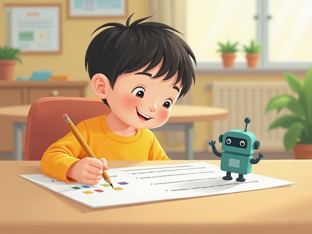 Bạn nhỏ đang điền vào chỗ trống trên khuôn mẫu, robot AI đứng bên cạnh