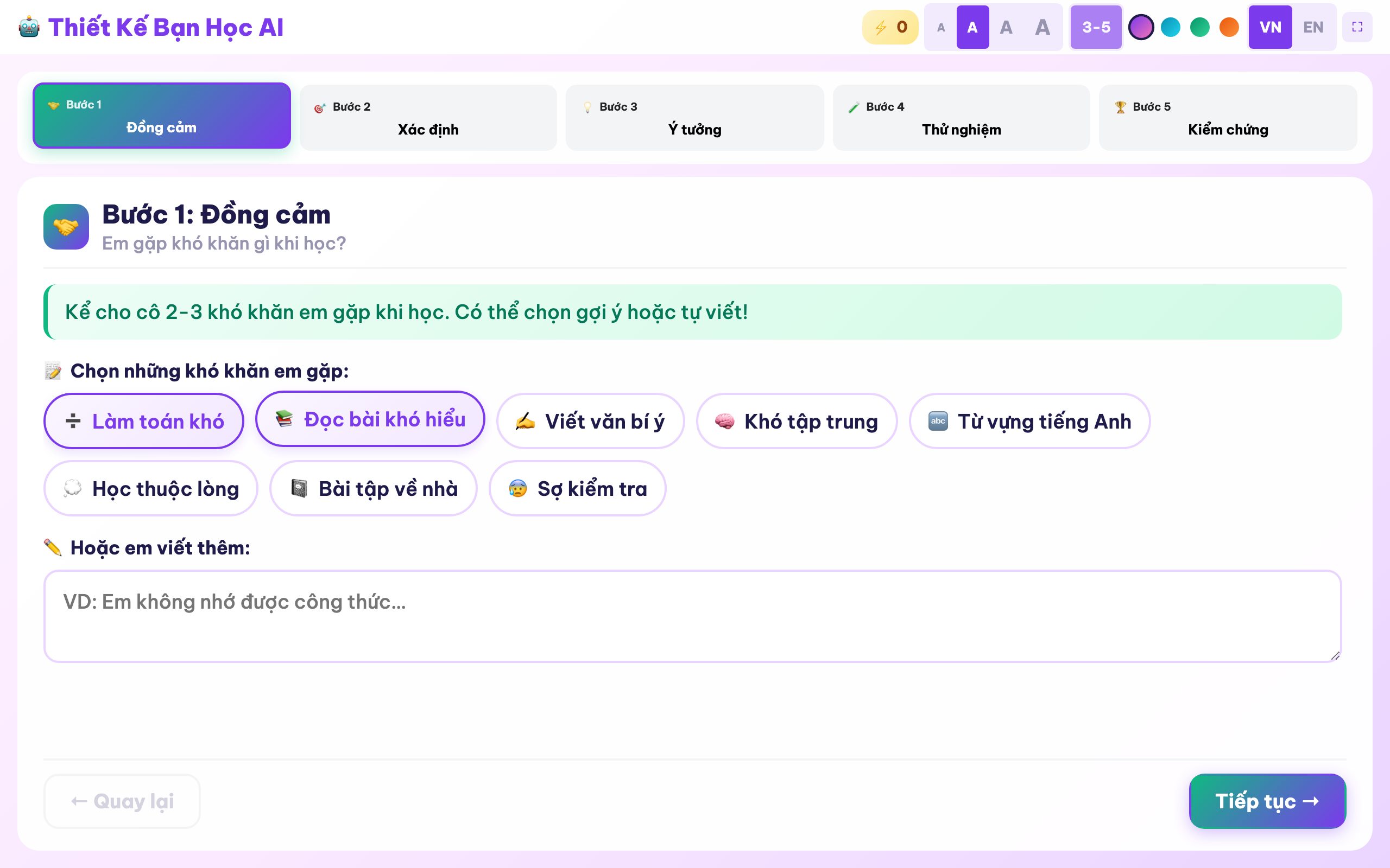 BuddyDesigner — chọn khó khăn học tập